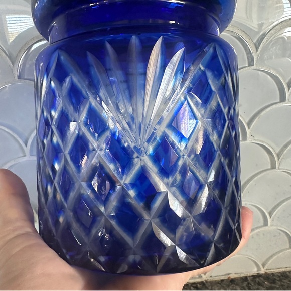 Vintage Cobalt Blue Cut to Clear Crystal Czech Bohemian Cookie Biscuit Jar - Picture 7 of 10
